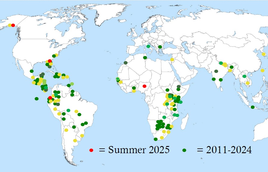 World map showing locations where MDP students conducted their summer field practicums, from 2011 through 2025.